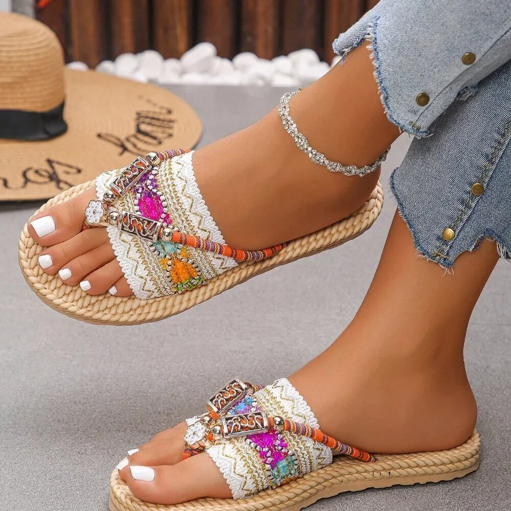 White Bohemian Women's Embroidered Flip Flop Flat Sandals